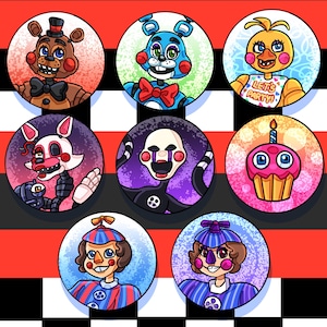 May include: A collection of seven circular pinback buttons featuring colorful cartoon characters. The buttons showcase characters with various designs, including a bear in a top hat, a blue bunny with a red bow tie, and a cupcake with a lit candle. The background has a red, black, and white checkered pattern.