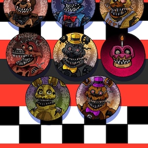 May include: A collection of seven circular illustrations featuring stylized, nightmarish characters with sharp teeth and menacing expressions. The characters are set against a background of red, black, and white stripes and a checkered pattern.