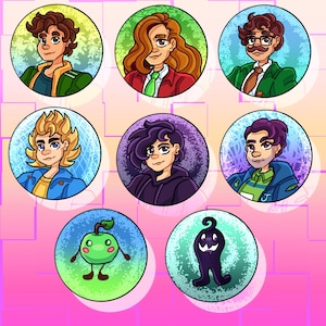 May include: A collection of seven circular character badges. Each badge features a different cartoon character with varying hair colors and outfits. The badges are set against a gradient blue and green background, with a pink and purple geometric pattern in the background.