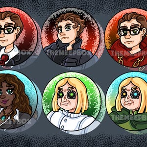 May include: Six cartoon character button designs. The buttons feature various characters with different skin tones, hairstyles, and clothing. Each character is set against a colored background. The text "THEMEEPBOX" is visible on some buttons.