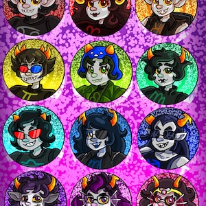 May include: A collection of twelve circular cartoon portraits of characters with horns, in a variety of colors and styles. Each character is set against a colorful background with a purple and white speckled pattern.