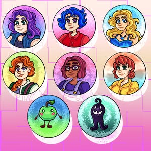 May include: A collection of seven circular illustrations featuring cartoon characters with various hairstyles and outfits. The characters have different skin tones and expressions. Two additional illustrations depict a green apple with arms and legs and a purple ghost-like figure.