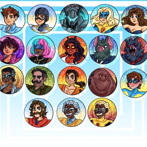 May include: A collection of colorful, circular character portraits, each featuring a unique design. The illustrations showcase a variety of individuals with distinct facial features, costumes, and expressions. The artwork is set against a light blue background with a white geometric pattern.