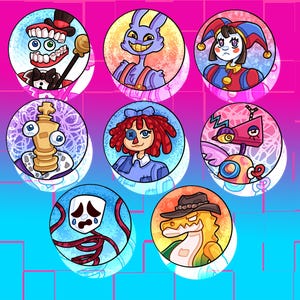 May include: A collection of seven circular cartoon character illustrations. The characters include a toothy figure in a top hat, a purple rabbit-like creature, a jester, a chess piece, a Raggedy Ann doll, a robot, a skeleton, and an alligator.