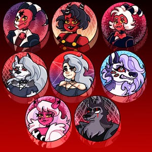 May include: A collection of seven circular character portraits, each set against a red and patterned background. The characters are depicted with various skin tones, horns, and animalistic features, with a range of expressions and attire. The overall theme is fantasy or cartoon.