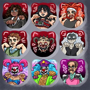 May include: Nine cartoon character stickers with a red cat-shaped border. The characters include a woman in a suit, a woman with a bomb vest, a man with red hair, a man with a mustache, a demon, a person with a mask, a clown with pink hair, a clown with blue hair, and a man with glasses.