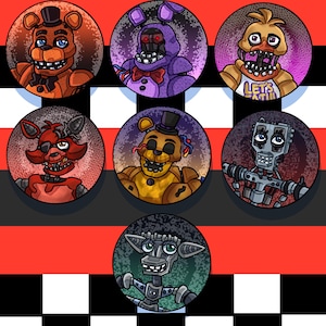 May include: A collection of seven circular illustrations featuring characters from a horror game franchise. Each character is depicted with detailed facial features and distinct color palettes, set against a background of red, black, and white geometric patterns.