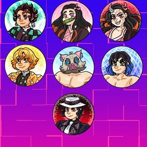 May include: A collection of seven circular character portraits from the anime series, "Demon Slayer." Each portrait features a different character with unique hairstyles, facial expressions, and clothing. The backgrounds are colorful, with a gradient of purple and pink.