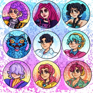 May include: Nine colorful circular illustrations featuring stylized portraits of people and a blue cat-like creature. Each portrait has a unique hairstyle and outfit, with a variety of colors including pink, purple, and blue. The backgrounds are a gradient of blue and white.