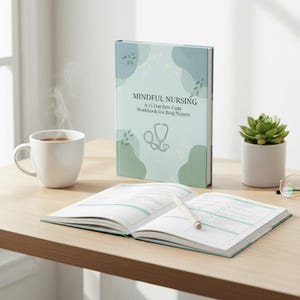 Peut inclure: Un cahier d'exercices bleu clair et vert intitulé Mindful Nursing: A 15-Day Self-Care Workbook for Busy Nurses avec une illustration de stéthoscope, présenté avec un agenda ouvert, une tasse en céramique blanche fumante et une succulente.