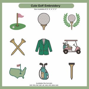 Op de afbeelding: Een verzameling golf-thema borduurontwerpen. De ontwerpen omvatten een golfbal op een tee, een golfkar, een groene blazer, gekruiste golf tees, een golftas en een golfbaan met een vlag. De tekst "Cute Golf Embroidery" staat bovenaan.