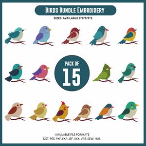 Puede incluir: Un conjunto de 15 diseños de bordado de aves coloridas, cada una posada en una rama. Las aves son de varios colores, incluyendo azul, verde, rojo, amarillo y marrón. El texto "BIRDS BUNDLE EMBROIDERY" y las opciones de tamaño se muestran.