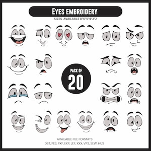 Peut inclure: Ensemble de 20 motifs de broderie d'yeux de dessins animés avec diverses expressions, en noir et blanc. Tailles disponibles de 5 cm à 20 cm. Le texte "EYES EMBROIDERY" est en haut de l'image.