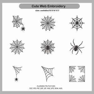 Puede incluir: Una colección de diseños de bordado de telarañas negras en varios tamaños, incluyendo 20 cm, 15 cm, 13 cm, 10 cm, 8 cm y 5 cm. Los diseños presentan telarañas con arañas y fragmentos de telarañas. El texto "Cute Web Embroidery" está en la parte superior.