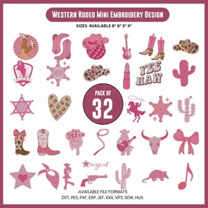 Op de afbeelding: Een verzameling van 32 Western rodeo mini borduurontwerpen in roze en bruin. Ontwerpen omvatten cowboylaarzen, hoeden, gitaren en cactussen. Beschikbare maten: 20 cm, 15 cm, 13 cm en 10 cm.