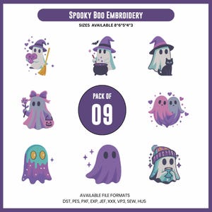 Puede incluir: Colección de nueve diseños de bordado de fantasmas espeluznantes en varios colores, incluyendo morado, rosa y turquesa. Cada fantasma tiene un diseño único, algunos llevan sombreros o sostienen objetos. El texto "SPOOKY BOO EMBROIDERY" está en la parte superior.