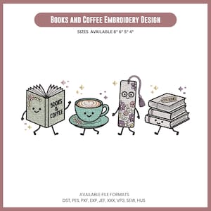 Diseño de bordado Libros y Café, Paquete de personajes adorables leyendo Archivo para máquina, 5 tamaños, Descarga instantánea dst, pes, exp, jep, vp3