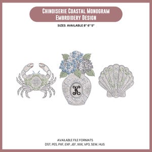May include: Chinoiserie Coastal Monogram Embroidery Design with sizes 8", 6", 5". Features a crab, a vase with blue flowers and the letter K, and a seashell. Available file formats include DST, PES, PXF, EXP, JEF, XXX, VP3, SEW, and HUS.