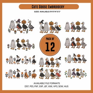 Puede incluir: Un conjunto de diseños de bordado digital con gansos caprichosos y personajes fantasma con disfraces de Halloween. El diseño incluye calabazas, sombreros de bruja y detalles florales. El texto dice "CUTE GOOSE EMBROIDERY" y "PACK OF 12". Tamaños disponibles: 20cm, 15cm, 13cm, 10cm, 8cm, 5cm.