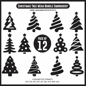 May include: A black and white image featuring a Christmas Tree Mega Bundle Embroidery pack. The image displays 12 different Christmas tree designs, each with a star on top. Text at the top reads "CHRISTMAS TREE MEGA BUNDLE EMBROIDERY".