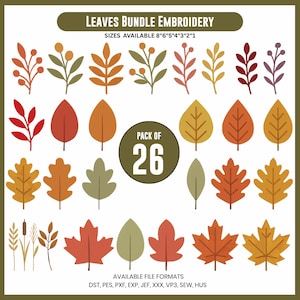 Può includere: Una collezione di 26 disegni di ricamo a tema autunnale con foglie in varie forme e colori, tra cui rosso, arancione, giallo e verde. I disegni sono disponibili in più misure, da 2,5 cm a 20 cm. L'immagine include il testo "LEAVES BUNDLE EMBROIDERY".