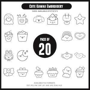 May include: A black and white illustration showcasing a variety of cute kawaii embroidery designs. The designs include a ghost with a heart, a smiling mug, a dog, an envelope with a heart, a flower, a star, a cupcake, popcorn, a bunny, a moon, a rainbow, and more. The text reads "CUTE KAWAII EMBROIDERY" and "PACK OF 20".