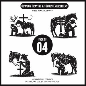 May include: Black and white embroidery design featuring a cowboy kneeling in prayer at a cross, with a horse nearby. The design is available in 8", 6", and 5" sizes. The image includes the text "COWBOY PRAYING AT CROSS EMBROIDERY" and "PACK OF 04".