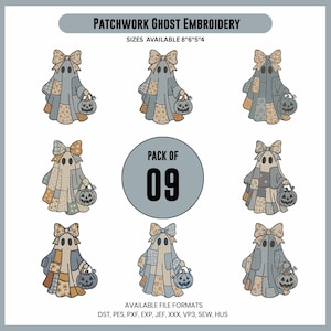 Könnte beinhalten: Neun Patchwork-Geister-Stickdesigns. Jeder Geist ist ein einzigartiger Patchwork aus blauen, beigen und orangefarbenen Stoffen, der einen Kürbis-Korb hält. Die Geister haben eine Schleife und sind in den Größen 20 cm x 15 cm x 13 cm x 10 cm erhältlich. Der Text "PATCHWORK GHOST EMBROIDERY" ist enthalten.