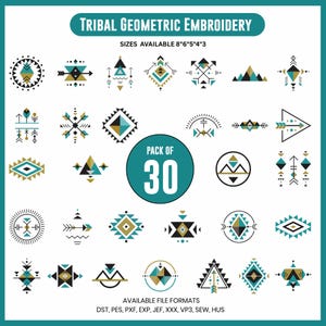 Puede incluir: Un conjunto de 30 diseños de bordado geométrico tribal en verde azulado, dorado y negro. Los diseños incluyen flechas, diamantes y formas de montañas. El texto de la imagen dice "TRIBAL GEOMETRIC EMBROIDERY" y "PACK OF 30".