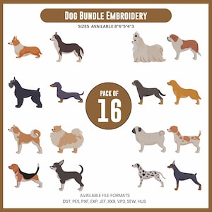 Puede incluir: Un paquete de bordado de perros con 16 razas diferentes. La imagen incluye el texto "DOG BUNDLE EMBROIDERY" y "TAMAÑOS DISPONIBLES 20cm 15cm 13cm 10cm 8cm". Los formatos de archivo disponibles se enumeran a continuación.