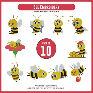 May include: A collection of ten bee embroidery designs in various poses, including bees with tools, flowers, and honeycombs. The designs are available in sizes 8", 6", 5", 4", and 3" and in multiple file formats. The text "BEE EMBROIDERY" is at the top.