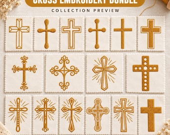 May include: A digital collection preview titled CROSS EMBROIDERY BUNDLE featuring fifteen distinct gold-coloured cross designs embroidered on individual off-white fabric squares with scalloped edges. The text reads DIGITAL DOWNLOAD NO PHYSICAL ITEM.
