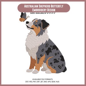 Merle Australian Shepherd Butterfly Embroidery Design, Dog Machine File (Instant Download)