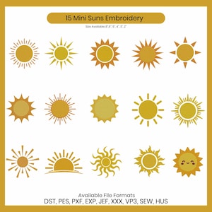 Può includere: Una collezione di 15 ricami di mini soli in vari stili e dimensioni, nei toni del giallo e dell'arancione. I disegni variano nello stile, incluso un sole sorridente. Il testo recita "15 Mini Suns Embroidery".