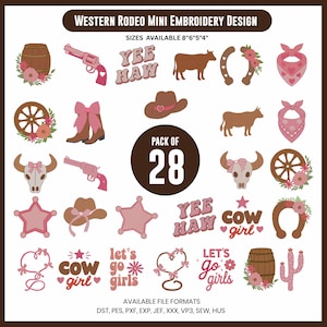 Op de afbeelding: Een verzameling van 28 Western rodeo borduurontwerpen. De ontwerpen omvatten een cowboyhoed, laarzen, een revolver, een hoefijzer, een koeienschedel, een vat en tekst met "Yee Haw", "Cow Girl" en "Let's Go Girls". Beschikbare maten: 20cm, 15cm, 13cm en 10cm.