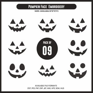 Pode incluir: Imagem de nove desenhos de bordado de rostos de abóbora pretos. O texto "PUMPKIN FACE EMBROIDERY" e "TAMANHOS DISPONÍVEIS 20cm 15cm 13cm 10cm 8cm" estão incluídos. Um gráfico "PACK OF 09" também é visível.