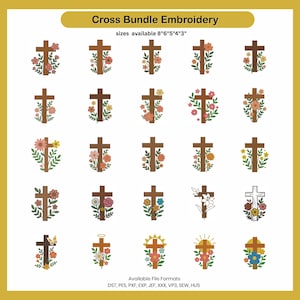 May include: A collection of embroidered cross designs, each featuring floral embellishments in various colors. The crosses are brown, and the flowers include shades of pink, yellow, and orange. The text "Cross Bundle Embroidery" is at the top, with sizes available.
