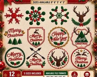 May include: A collection of 12 embroidered Christmas designs on a light fabric background. The patterns include snowflakes, reindeer, pine trees, and text such as Merry Christmas and Happy New Year. The text states sizes available 8, 6, 5, 4, 3 inches.