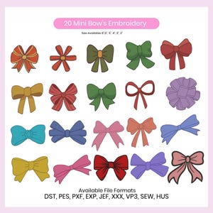 Cute Bow Embroidery Designs - 20 Mini Bow Machine Embroidered - Ribbon Bows Tie Embroidery - Instant Download - 6 Sizes - Pes Dst Exp Files