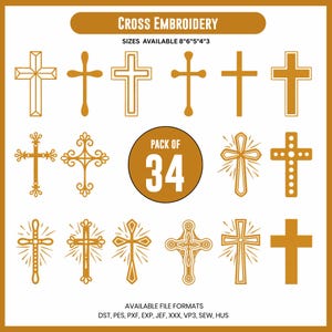 Może przedstawiać: Kolekcja 12 złotych wzorów haftu krzyżykowego. Obraz zawiera tekst "CROSS EMBROIDERY" i "PACK OF 34". Dostępne rozmiary: 20 cm, 15 cm, 13 cm, 10 cm i 8 cm. Dostępne formaty plików są wymienione.
