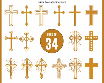 May include: A collection of 12 gold-colored cross embroidery designs. The image includes the text "CROSS EMBROIDERY" and "PACK OF 34". Available sizes are 8", 6", 5", 4", and 3". The available file formats are listed below the crosses.
