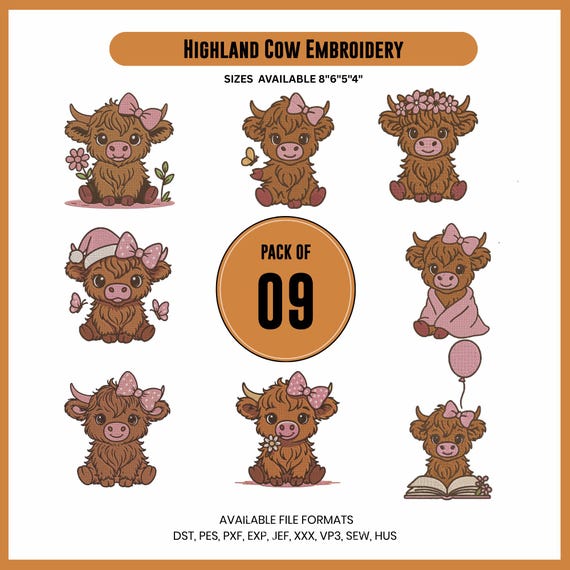 Baby Highland Cow Embroidery Design: Farm Animal File, 4 Sizes (Instant Download)
