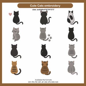 May include: A selection of cute cat embroidery designs in various styles and colours, including black, grey, and brown. The designs are available in multiple sizes, ranging from 5 to 20 cm. The image also lists available file formats.