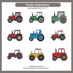 Op de afbeelding: Negen kleurrijke tractor borduurontwerpen in rood, groen, blauw, bruin en geel. De tractoren hebben zwarte wielen en diverse ontwerpdetails. De tekst "Tractor Embroidery" en maatopties worden weergegeven.