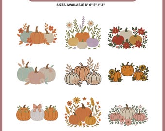 Floral Pumpkin Embroidery Design Bundle, Girly Fall Pumpkin Machine Embroidery File, Autumn Floral Pattern, 5 Sizes, Instant Download