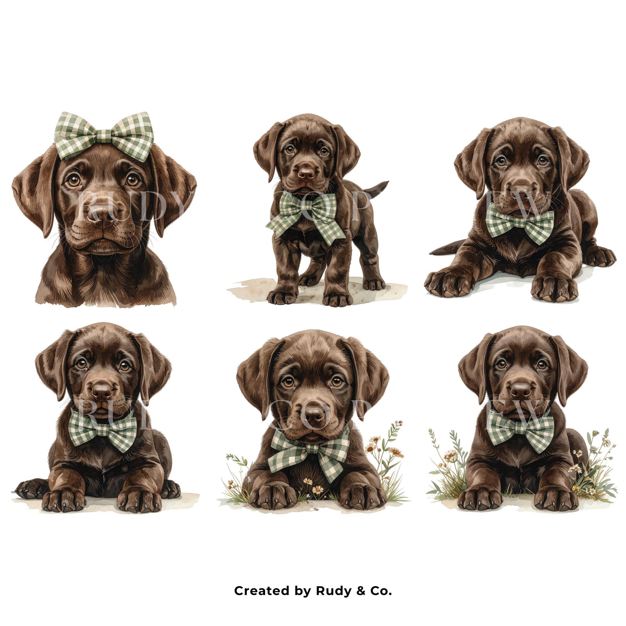 Chocolate Labrador Puppy Clipart | 12 PNG Watercolor Lab Dog | Gingham ...