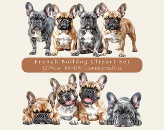 May include: Watercolor clipart set featuring several French Bulldogs in various poses and colors, including gray, tan, and brown. The image includes text that reads "French Bulldog Clipart Set" and "12 PNGs | 300 DPI | Commercial Use."