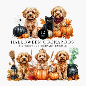 May include: A digital watercolour clipart bundle featuring Cockapoo dogs, a black cat, pumpkins, autumn leaves, a broom, a lantern, and a cauldron with green smoke. The text reads 12 PNG HALLOWEEN COCKAPOOS WATERCOLOR CLIPART BUNDLE.