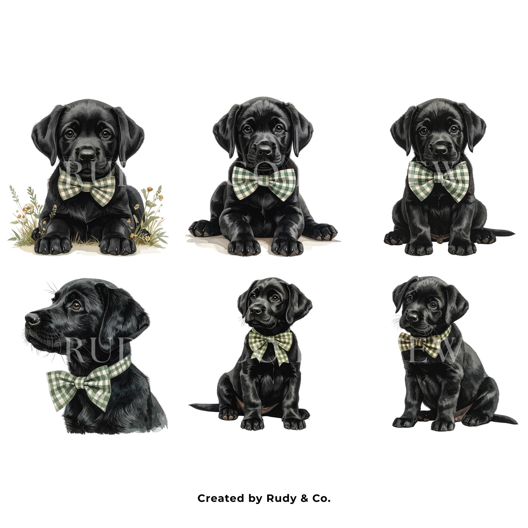 Black Labrador Puppy Clipart | 12 PNG Watercolor Lab Dog | Gingham Bow ...