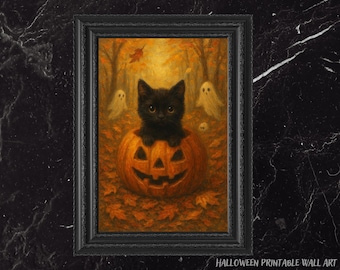 Black Cat Halloween Print: Pumpkin Fall Decor (Digital Download)